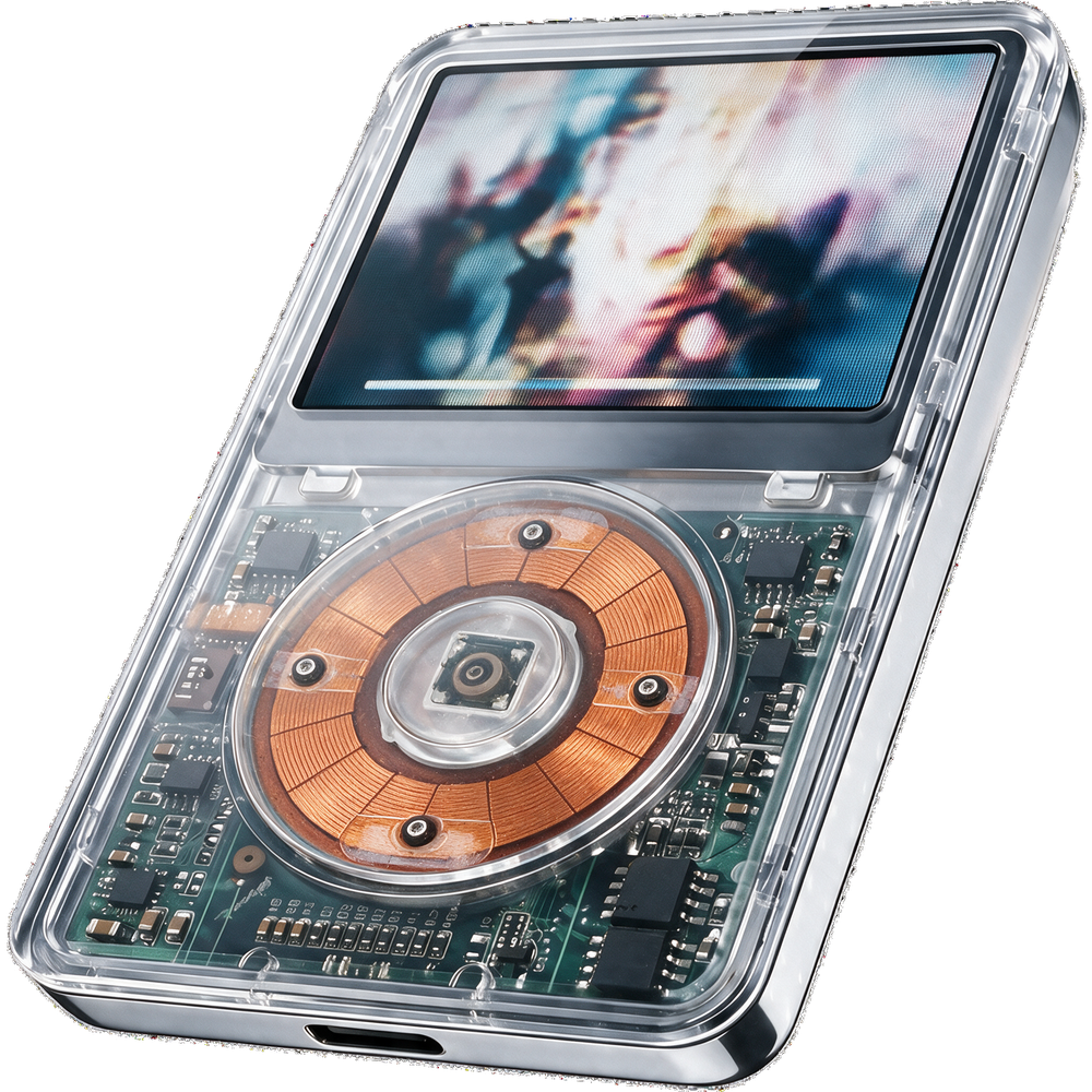 Ghost &mdash; screen lit, playing music, fully clear transparent iPod Classic.